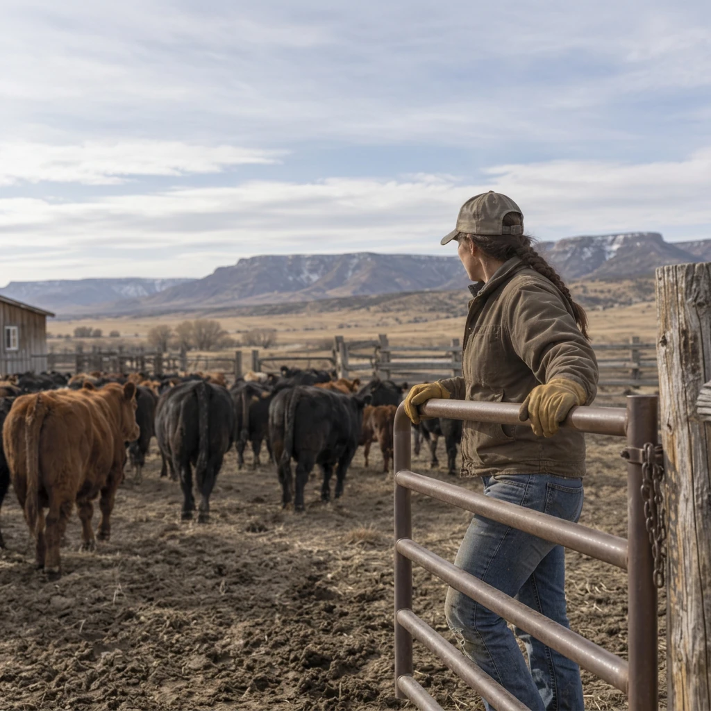 Rancher at a corral gate with cattle, high-desert mesas behind