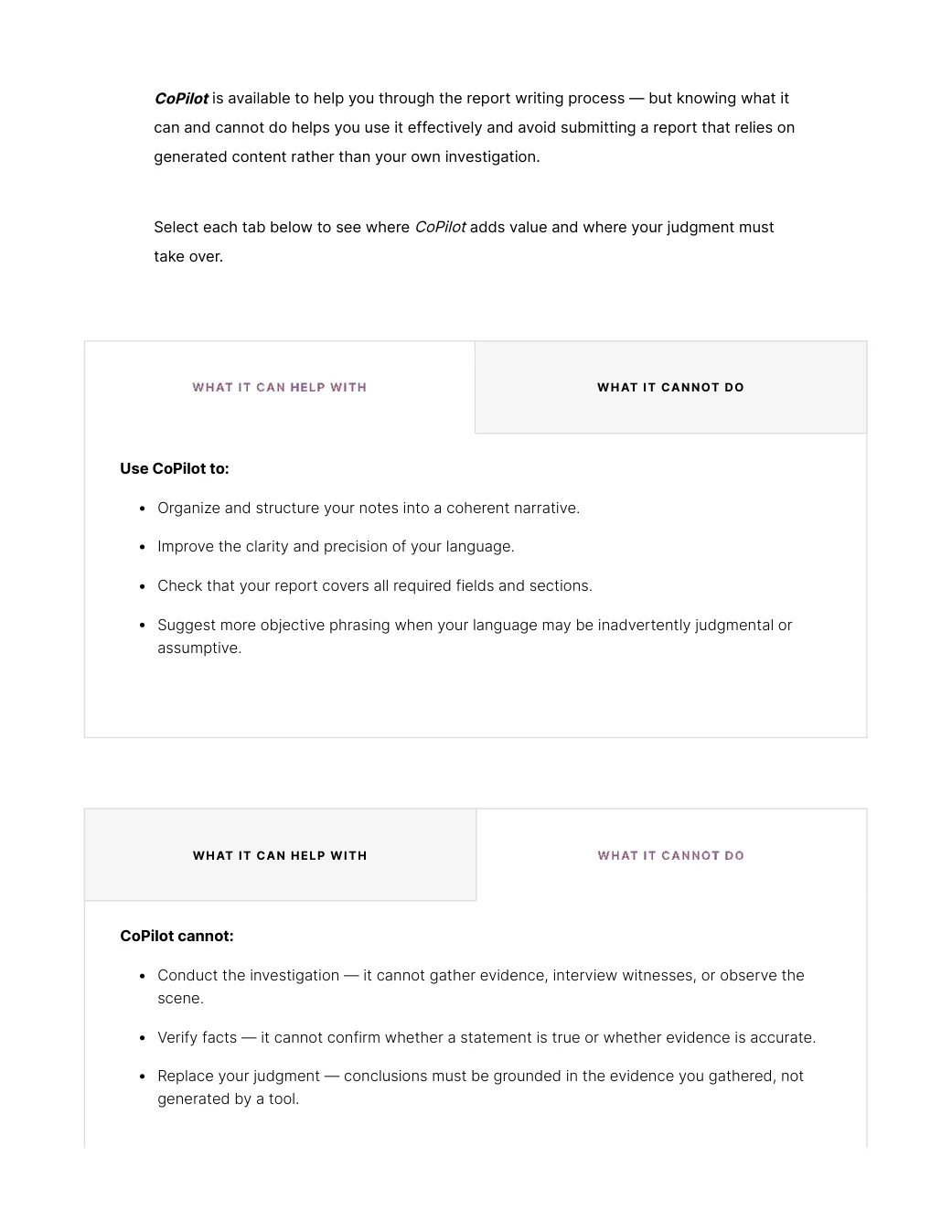 AI-supported report writing guidance.